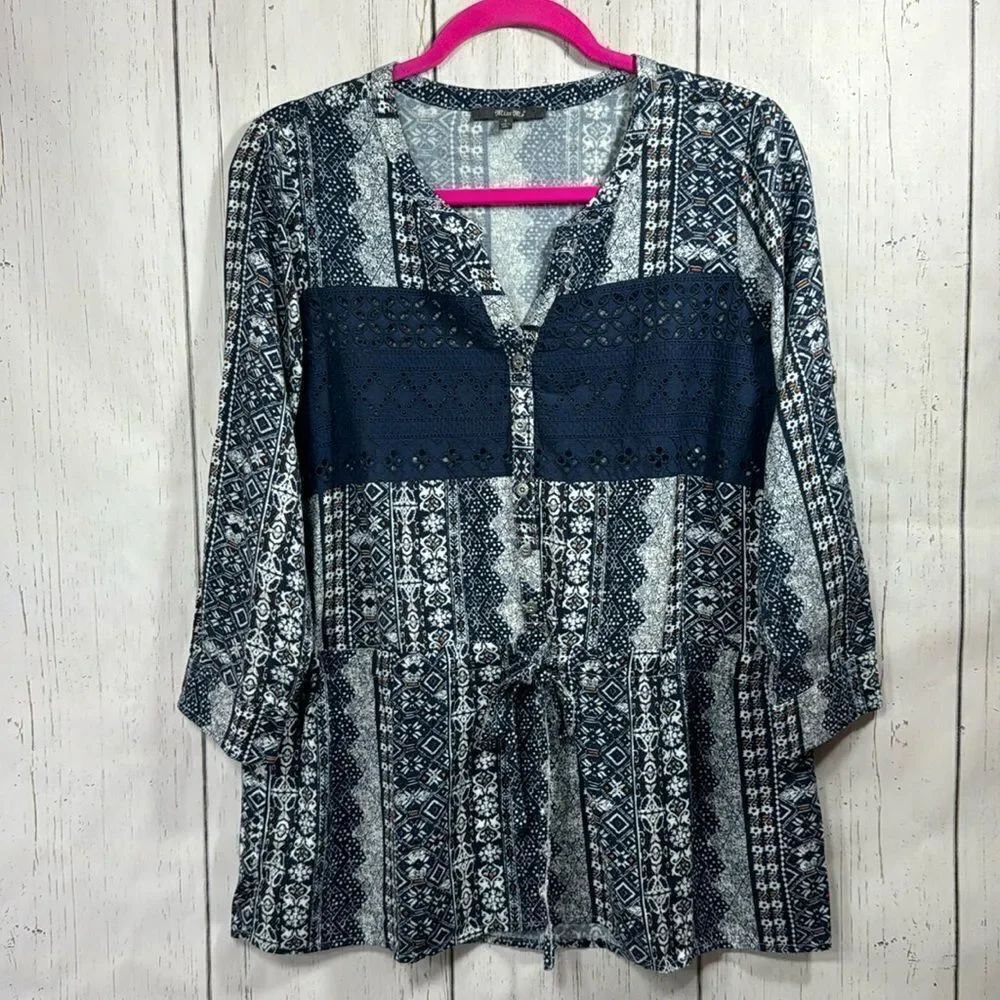 Miss Me Blue Boho Print Crochet Trim Peplum Blouse Festival Western Peasant S